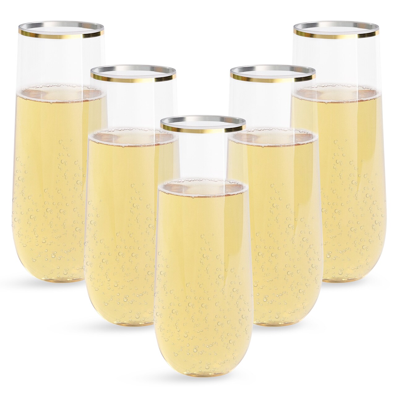 Lot45 Plastic Stemless Champagne Flutes - 48pc 9oz Skinny Wine Glasses with Trim